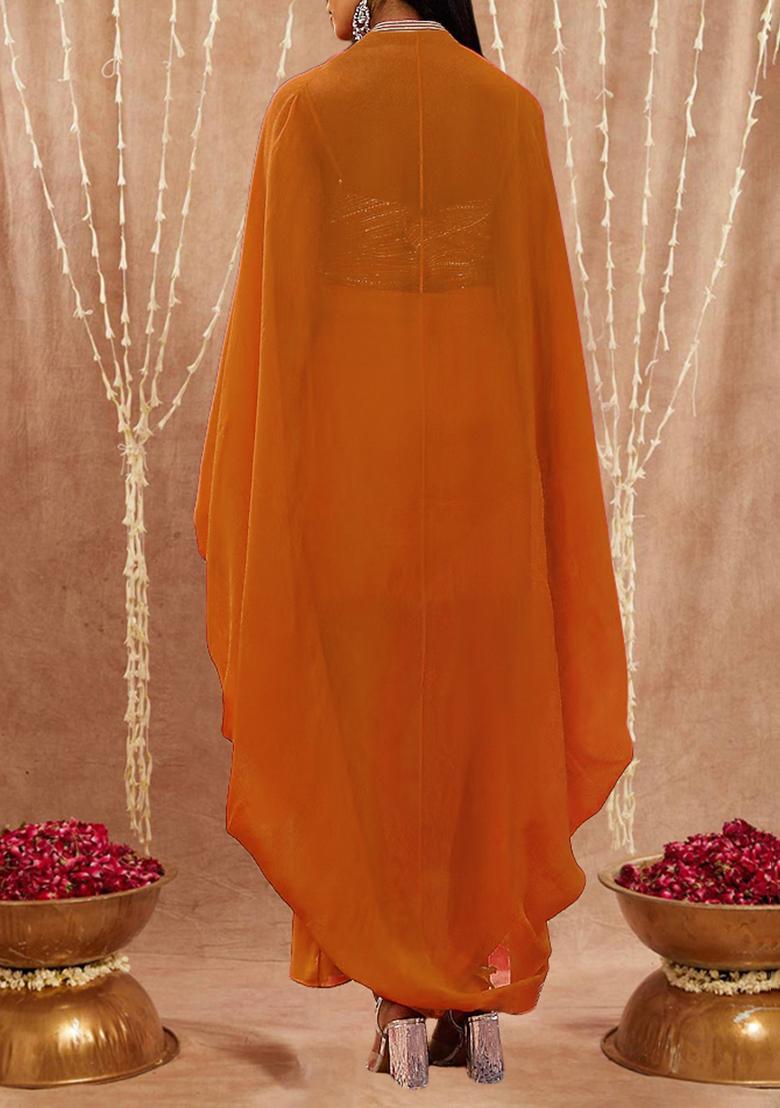 Orange Jacket Set With Hand Embroidered Blouse And Skirt