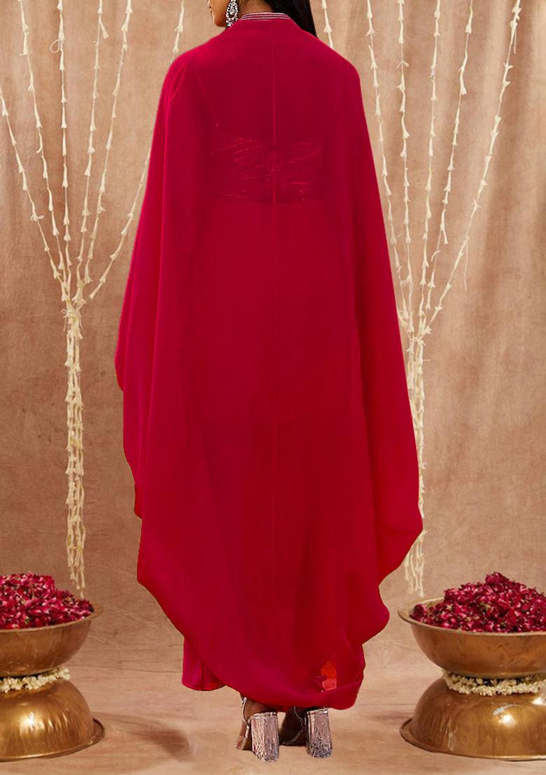 Red Jacket Set With Hand Embroidered Blouse And Skirt