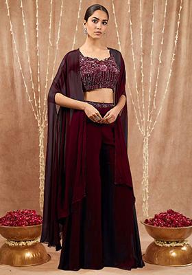 Maroon Jacket Set With Hand Embroidered Blouse And Palazzo