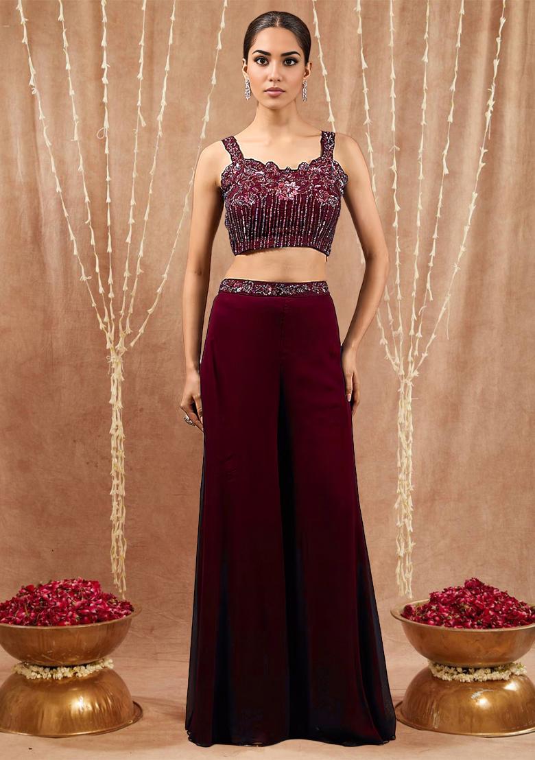 Maroon Jacket Set With Hand Embroidered Blouse And Palazzo