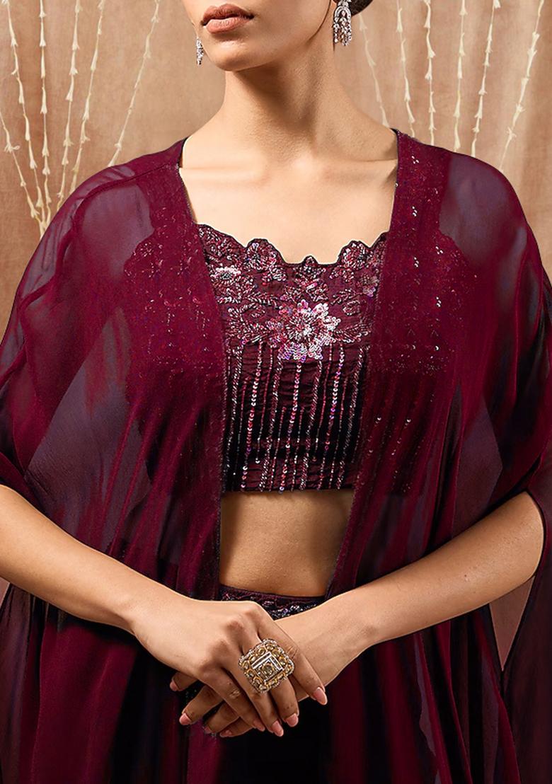 Maroon Jacket Set With Hand Embroidered Blouse And Palazzo