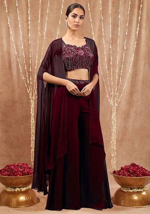 Maroon Jacket Set With Hand Embroidered Blouse And Palazzo