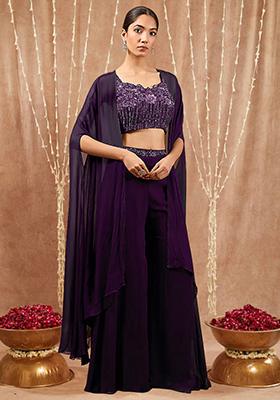 Purple Jacket Set With Hand Embroidered Blouse And Palazzo