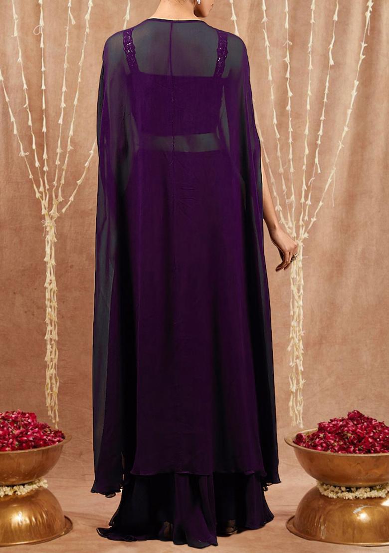 Purple Jacket Set With Hand Embroidered Blouse And Palazzo