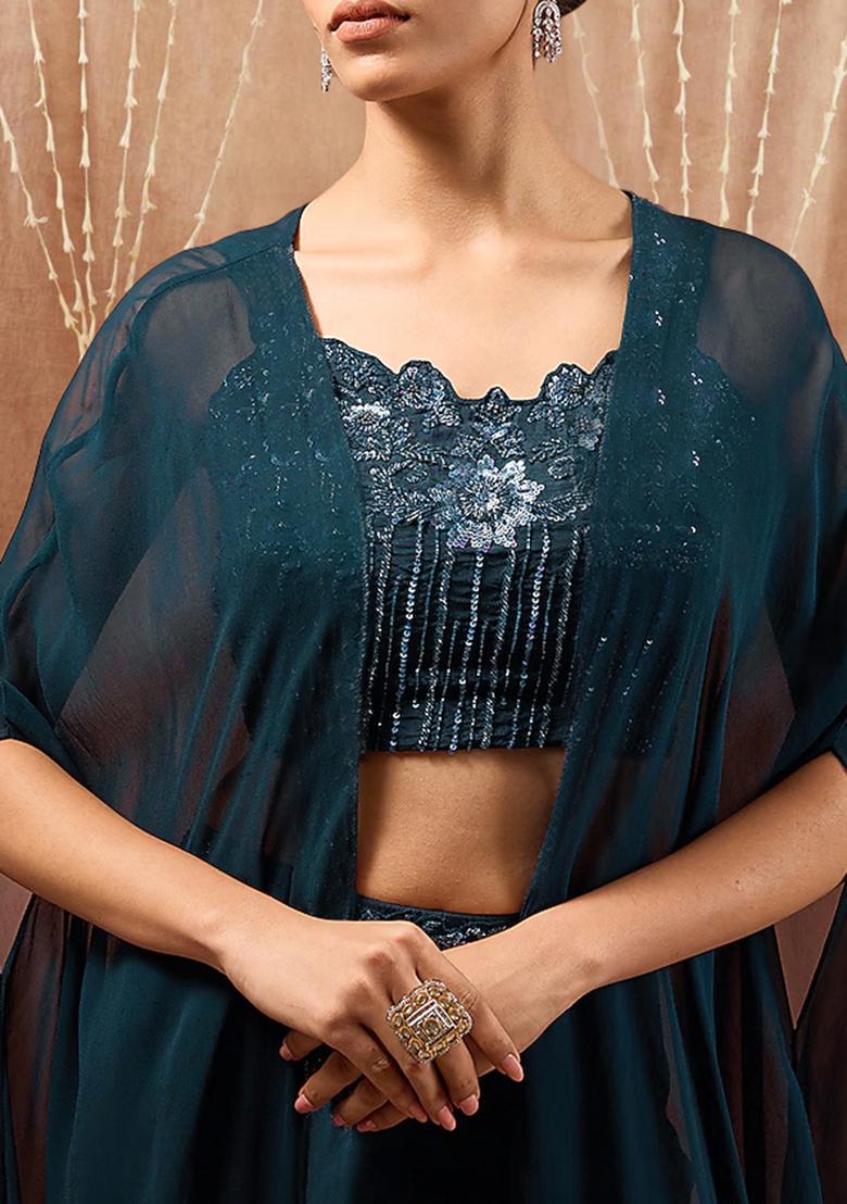 Teal Jacket Set With Hand Embroidered Blouse And Palazzo