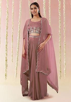 Blush Pink Jacket Set With Hand Embroidered Blouse And Skirt