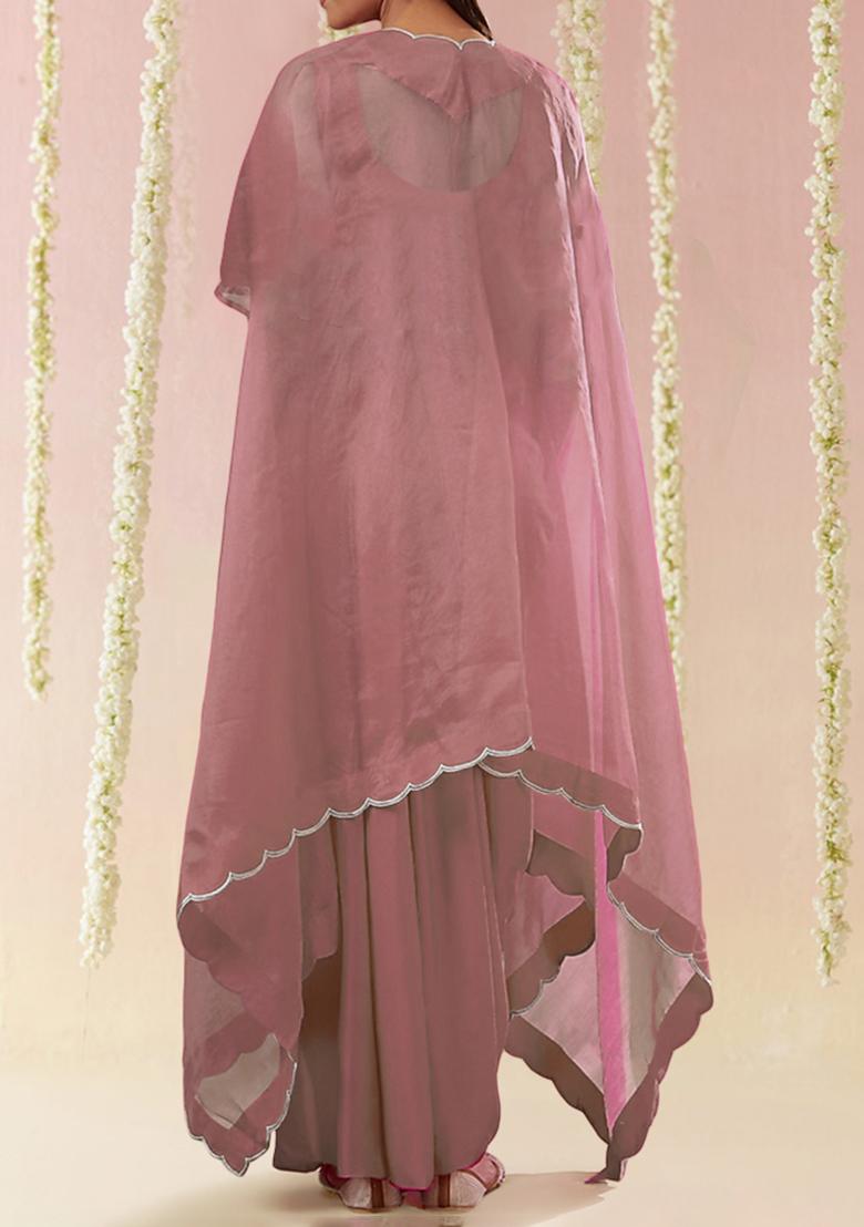 Blush Pink Jacket Set With Hand Embroidered Blouse And Skirt