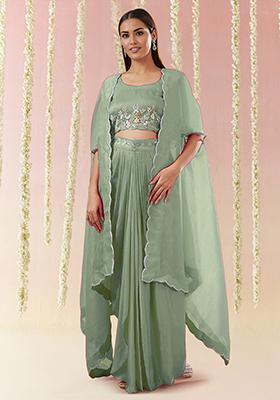 Green Jacket Set With Hand Embroidered Blouse And Skirt