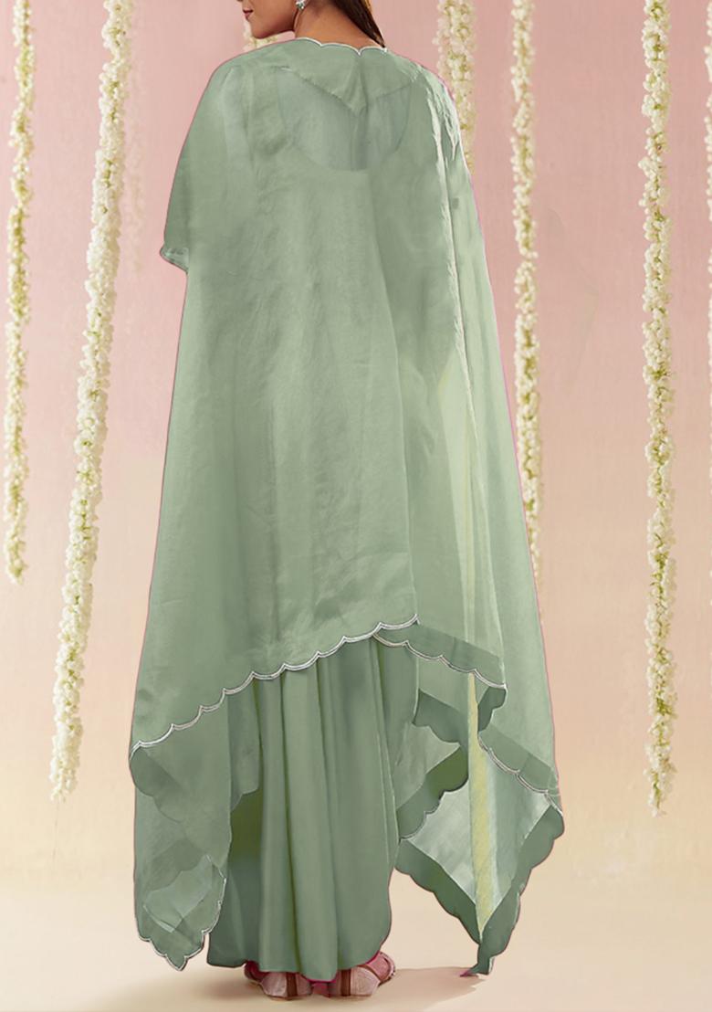 Green Jacket Set With Hand Embroidered Blouse And Skirt