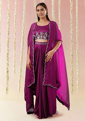 Pink Jacket Set With Hand Embroidered Blouse And Skirt