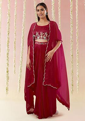 Red Jacket Set With Hand Embroidered Blouse And Skirt