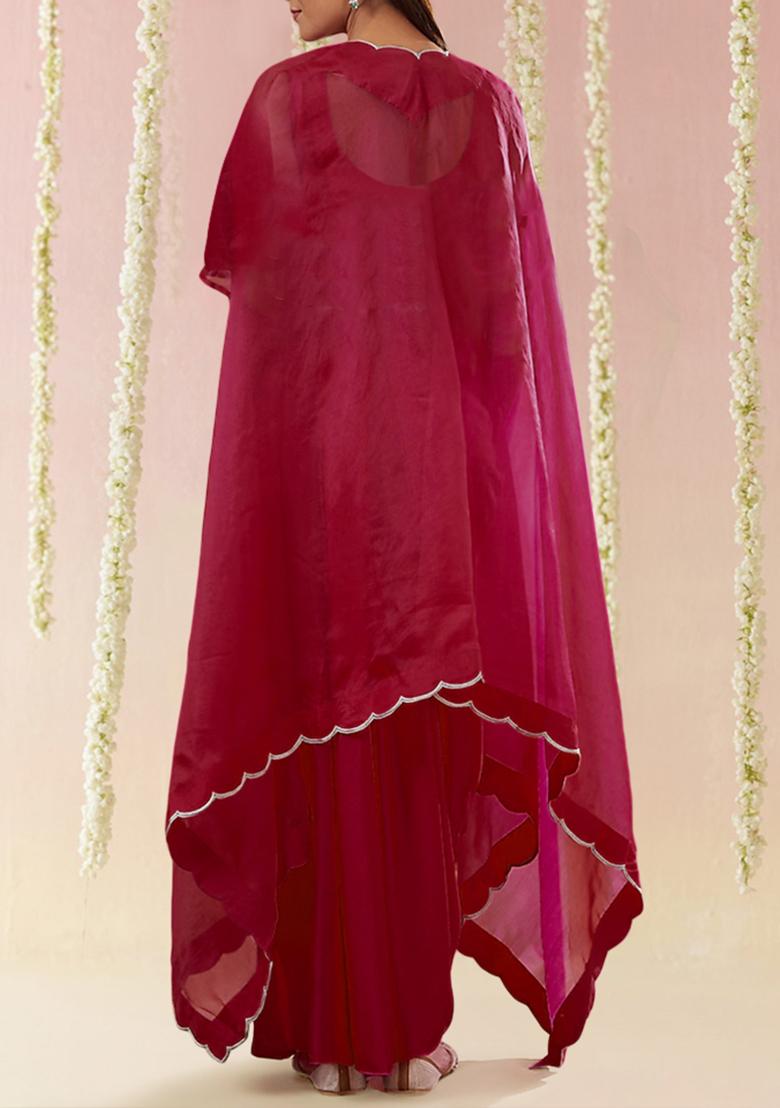 Red Jacket Set With Hand Embroidered Blouse And Skirt