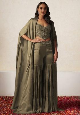 Brown Jacket Set With Hand Embroidered Blouse And Sharara