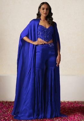 Blue Jacket Set With Hand Embroidered Blouse And Sharara