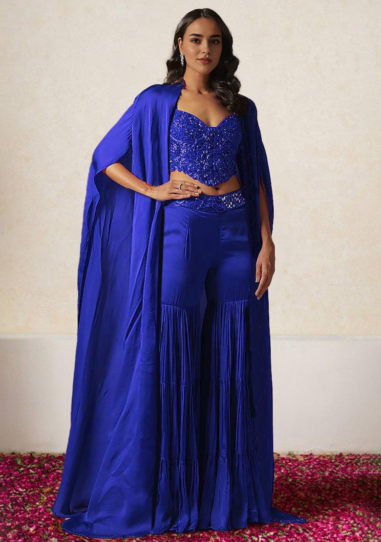 Buy Women Blue Jacket Set With Hand Embroidered Blouse And Sharara