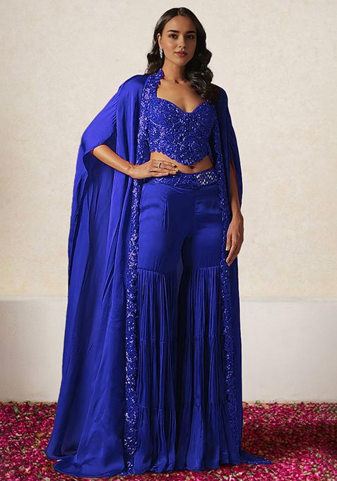 Blue Jacket Set With Hand Embroidered Blouse And Sharara