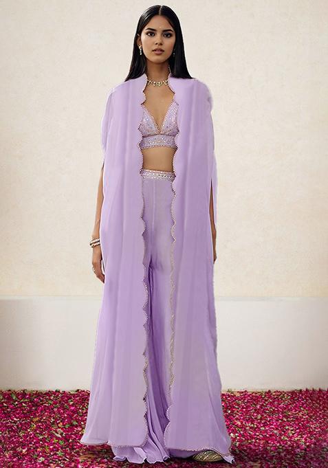 Lavender Jacket Set With Hand Embroidered Blouse And Palazzo