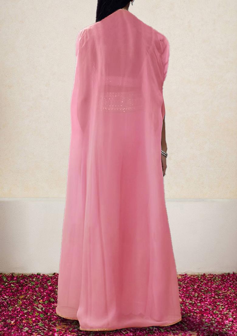 Coral Jacket Set With Hand Embroidered Blouse And Palazzo