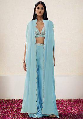 Blue Jacket Set With Hand Embroidered Blouse And Palazzo