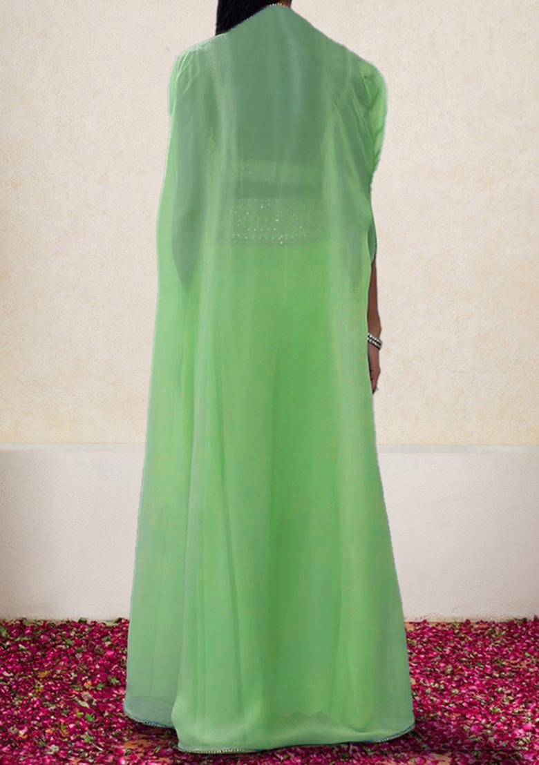 Green Jacket Set With Hand Embroidered Blouse And Palazzo