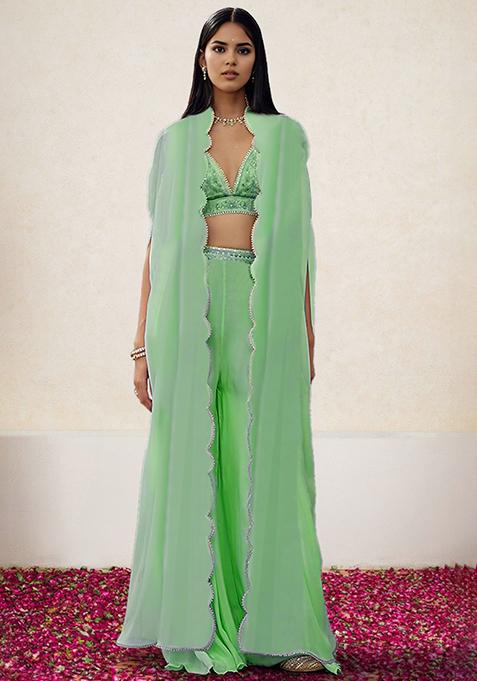 Green Jacket Set With Hand Embroidered Blouse And Palazzo