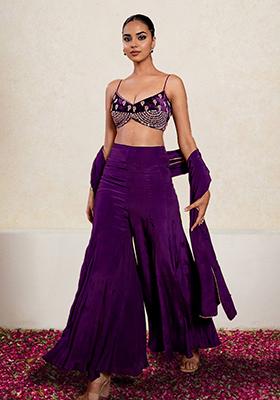 Purple Palazzo Set With Hand Embroidered Blouse And Dupatta