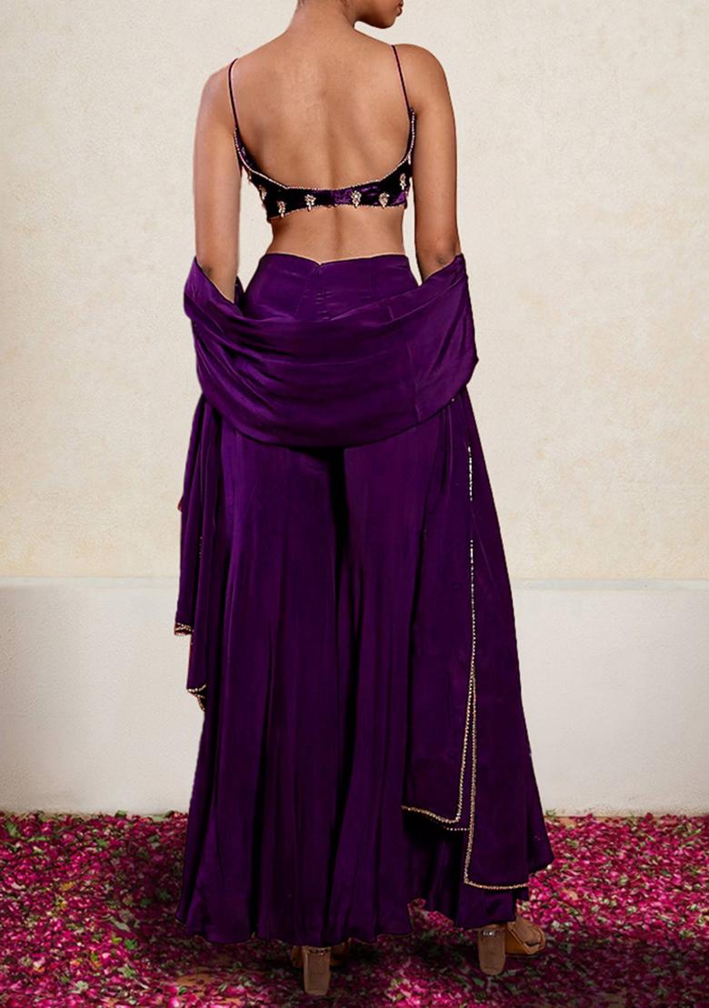 Purple Palazzo Set With Hand Embroidered Blouse And Dupatta