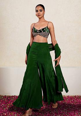 Green Palazzo Set With Hand Embroidered Blouse And Dupatta