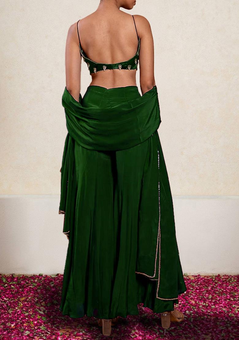 Green Palazzo Set With Hand Embroidered Blouse And Dupatta