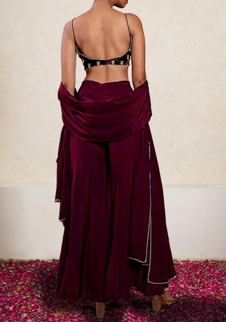 Maroon Palazzo Set With Hand Embroidered Blouse And Dupatta