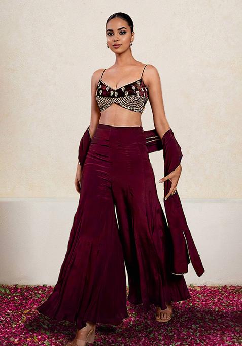 Maroon Palazzo Set With Hand Embroidered Blouse And Dupatta