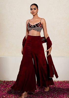 Red Palazzo Set With Hand Embroidered Blouse And Dupatta