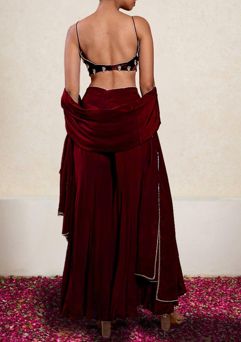 Red Palazzo Set With Hand Embroidered Blouse And Dupatta