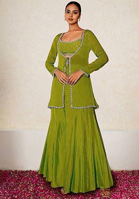 Olive Jacket Set With Hand Embroidered Blouse And Sharara
