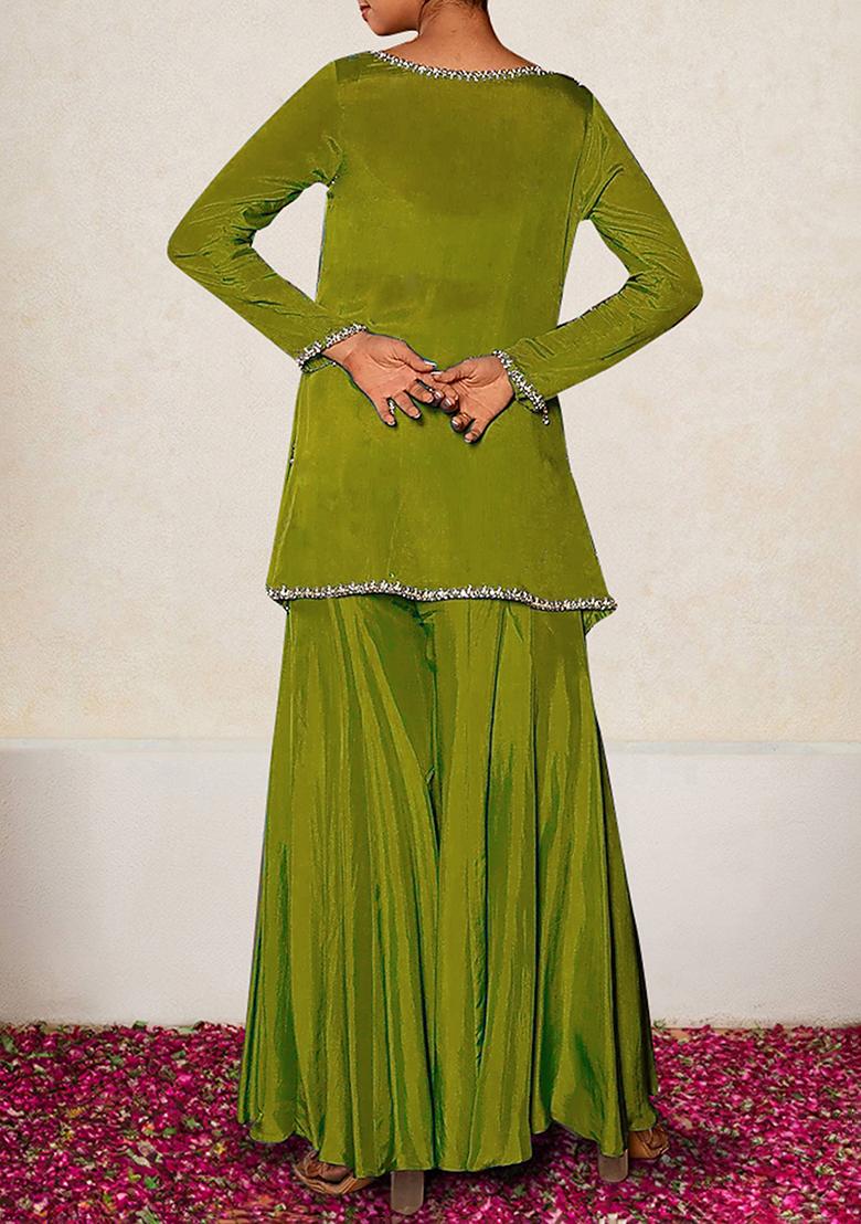 Olive Jacket Set With Hand Embroidered Blouse And Sharara