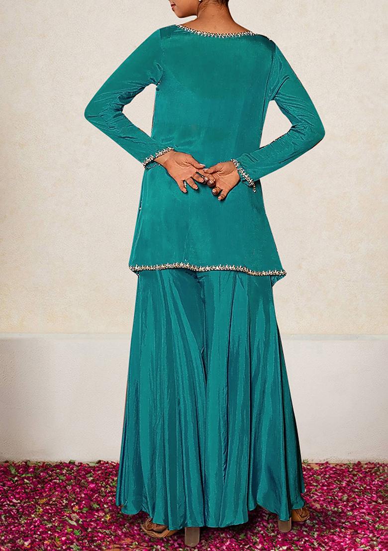 Blue Jacket Set With Hand Embroidered Blouse And Sharara