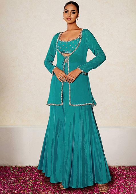 Blue Jacket Set With Hand Embroidered Blouse And Sharara