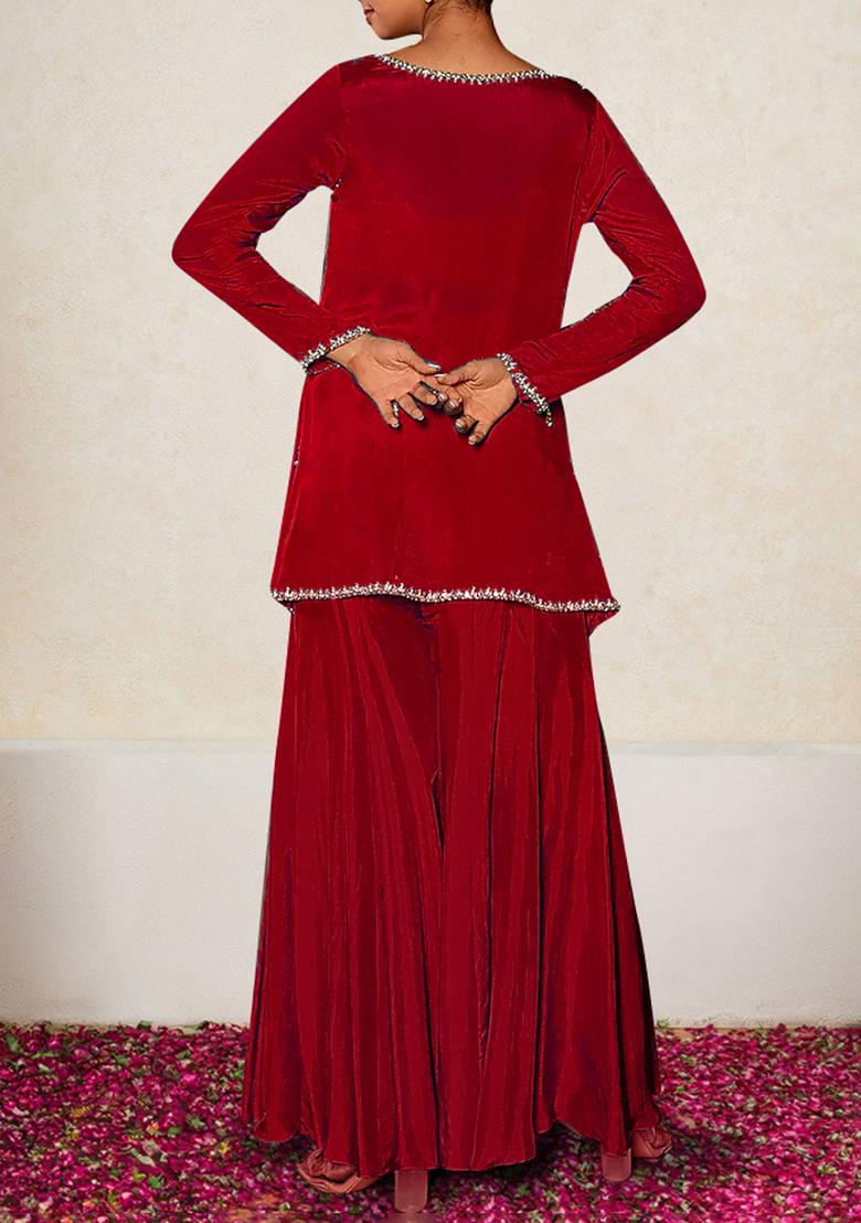 Red Jacket Set With Hand Embroidered Blouse And Sharara