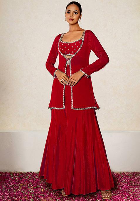 Red Jacket Set With Hand Embroidered Blouse And Sharara