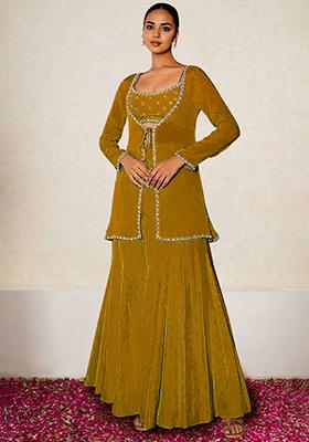 Golden Jacket Set With Hand Embroidered Blouse And Sharara