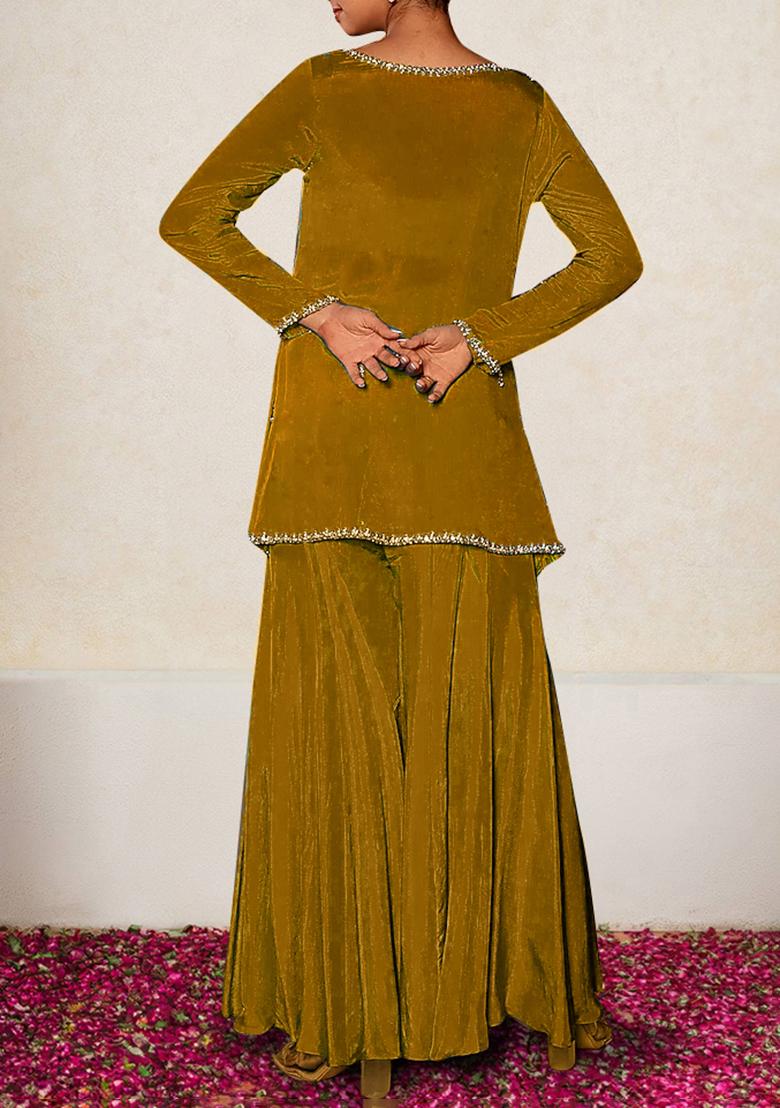 Golden Jacket Set With Hand Embroidered Blouse And Sharara