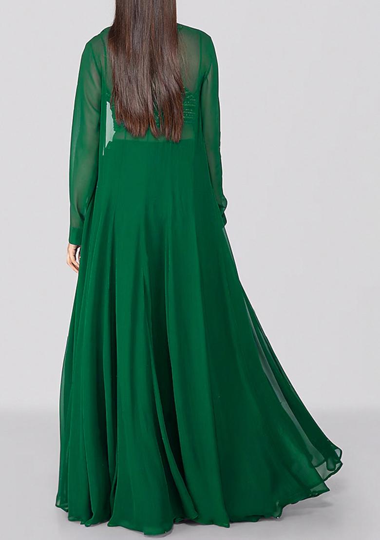 Green Jacket Set With Hand Embroidered Blouse And Palazzo