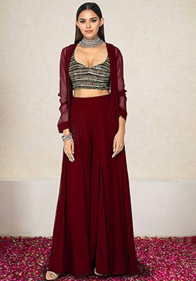 Maroon Jacket Set With Hand Embroidered Blouse And Palazzo