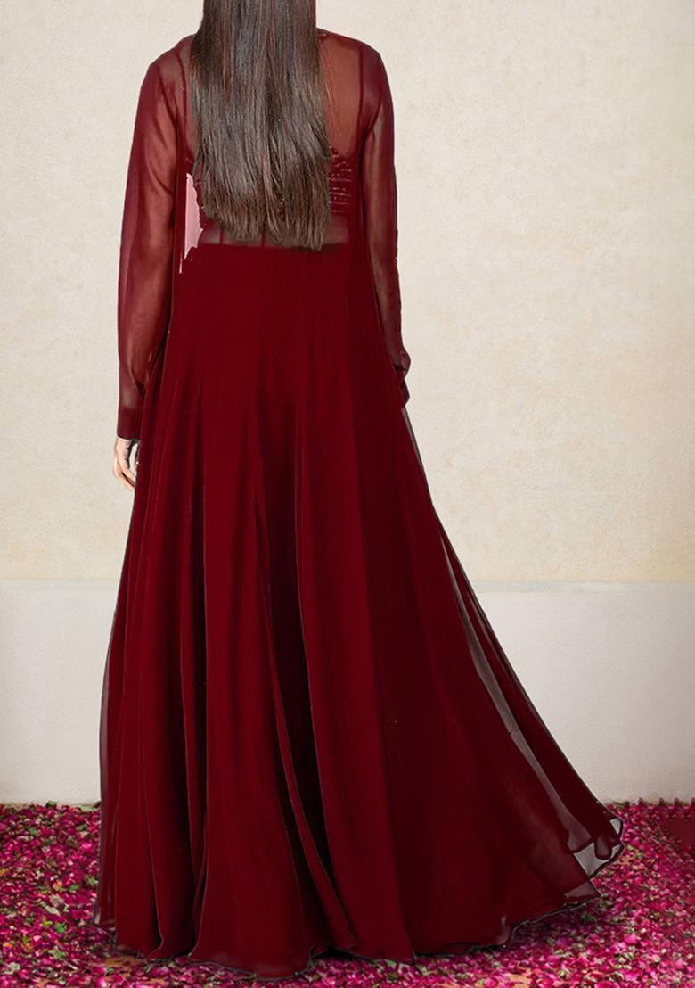 Maroon Jacket Set With Hand Embroidered Blouse And Palazzo