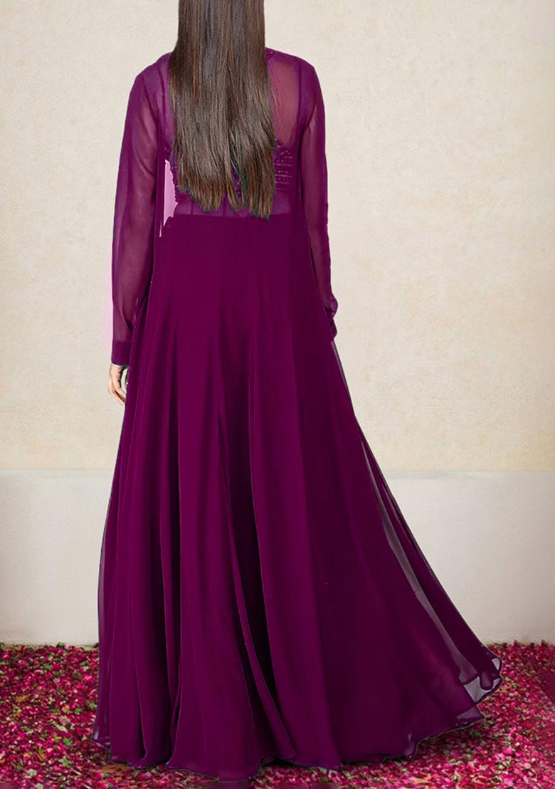 Purple Jacket Set With Hand Embroidered Blouse And Palazzo