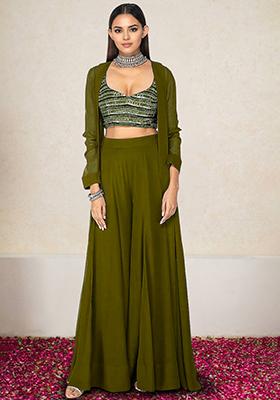 Olive Jacket Set With Hand Embroidered Blouse And Palazzo