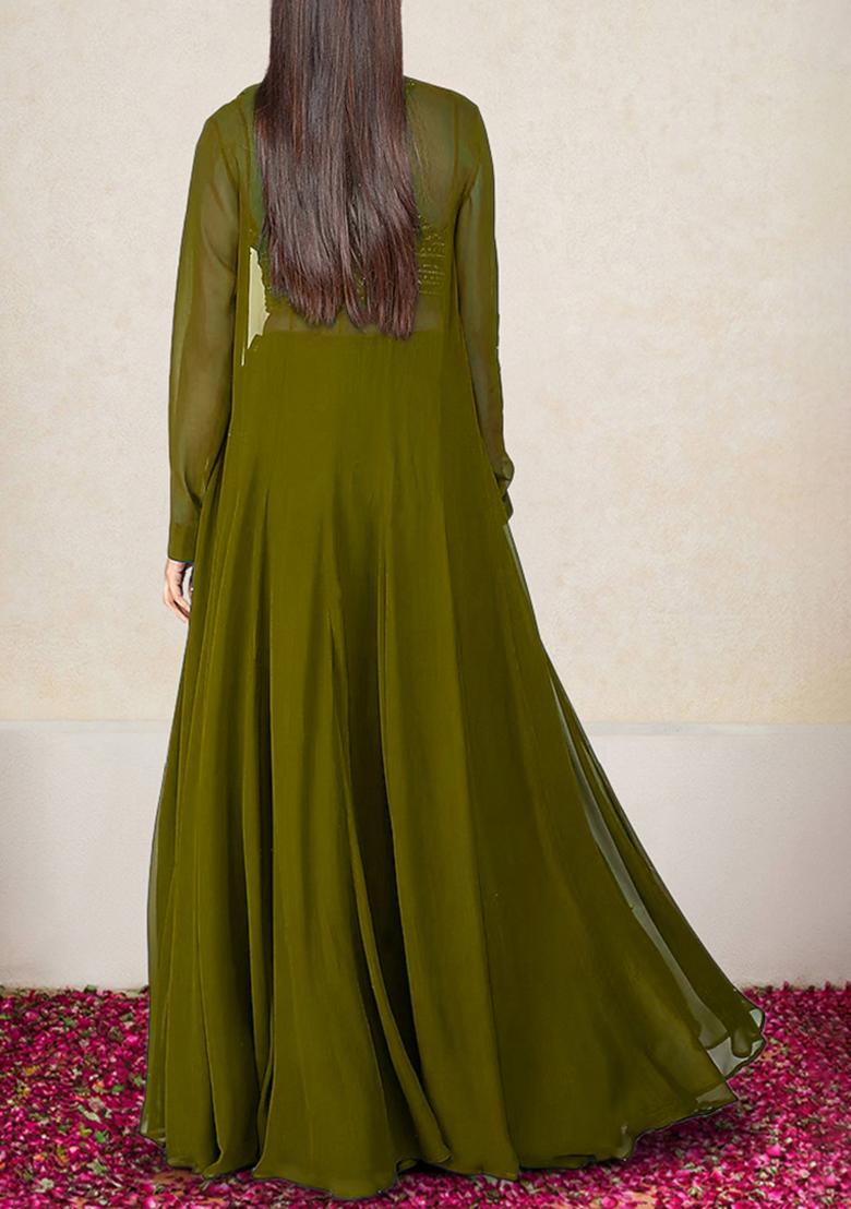 Olive Jacket Set With Hand Embroidered Blouse And Palazzo