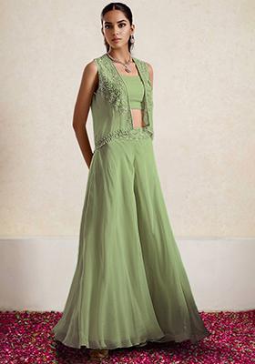 Olive Jacket Set With Hand Embroidered Blouse And Palazzo