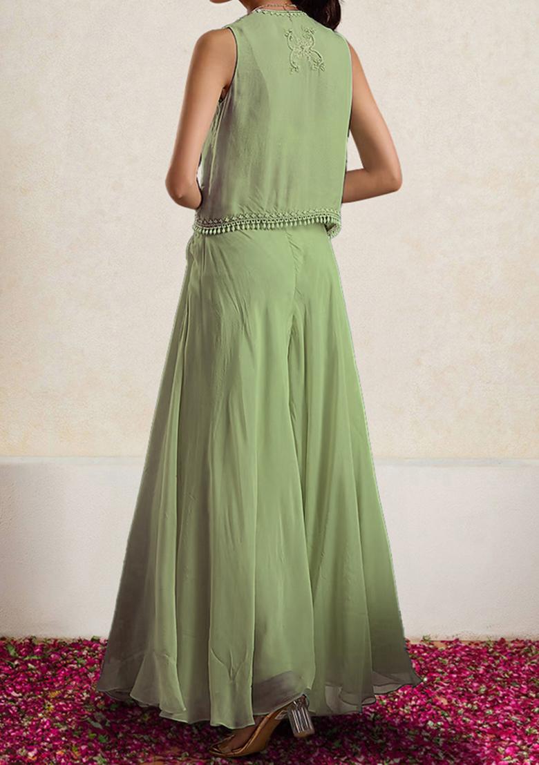 Olive Jacket Set With Hand Embroidered Blouse And Palazzo