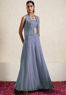 Lavender Jacket Set With Hand Embroidered Blouse And Palazzo